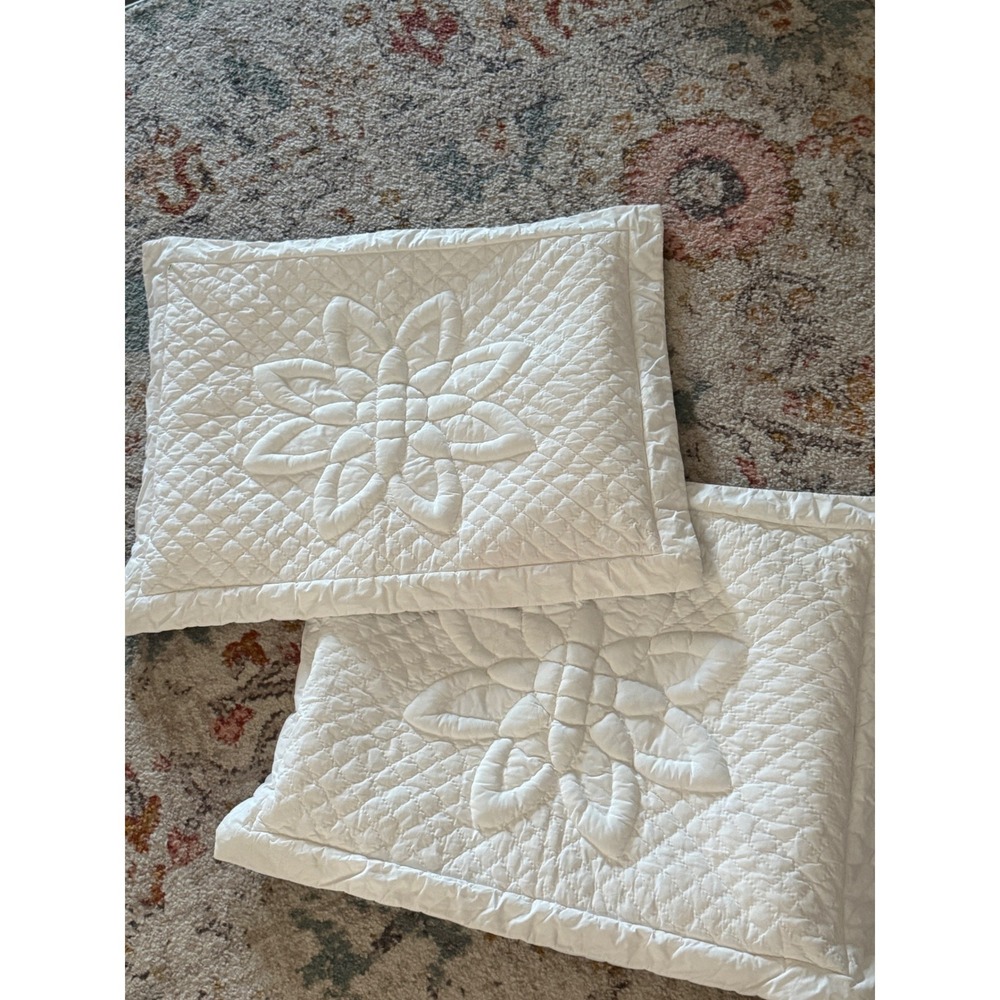White Vintage Cottage Quilted Floral Medallion Pillow Shams Set of 2 Button